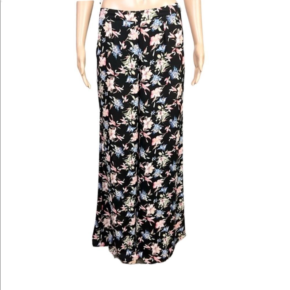 LUSH Black Blue Pink Floral Print Wide Leg High Waisted Boho Pants S